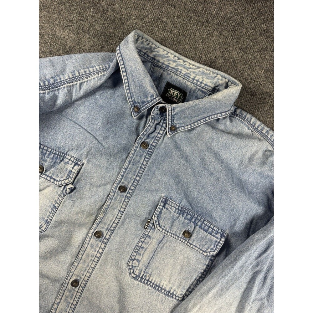 Key Apparel Y2K Mens 4XLT Denim Work Shirt Blue Long Sleeve Cotton Heavyweight